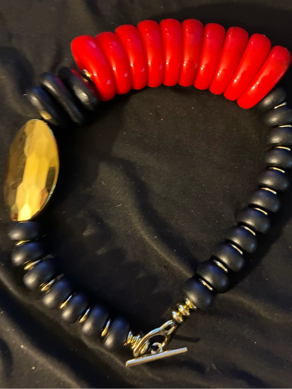 Black and Red Beaded Statement Necklace with Gold Accent